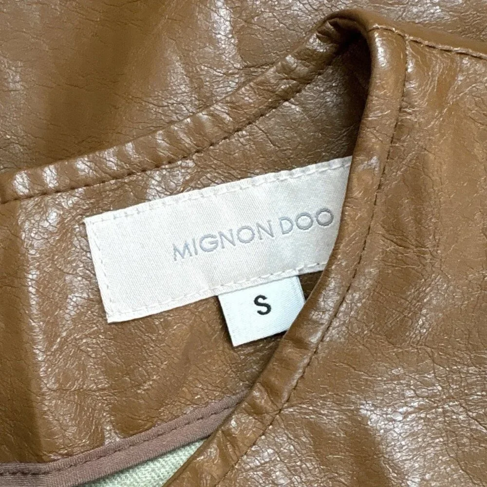Mignon Doo Cropped Faux Leather Shiny Buttoned Blouse Top Brown Size Small